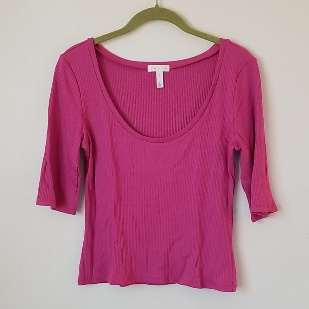 Leith Pink Ribbed Short Sleeve Top in Size Large